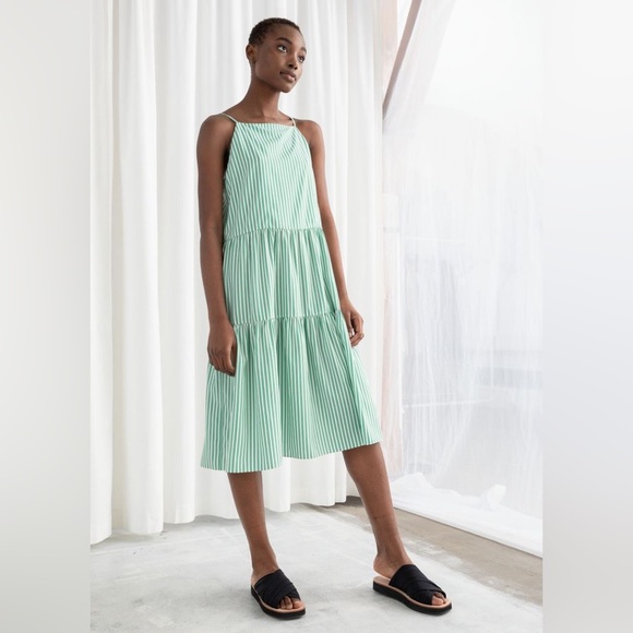 & Other Stories gathered pleated midi dress in green and white stripes - Picture 2 of 6